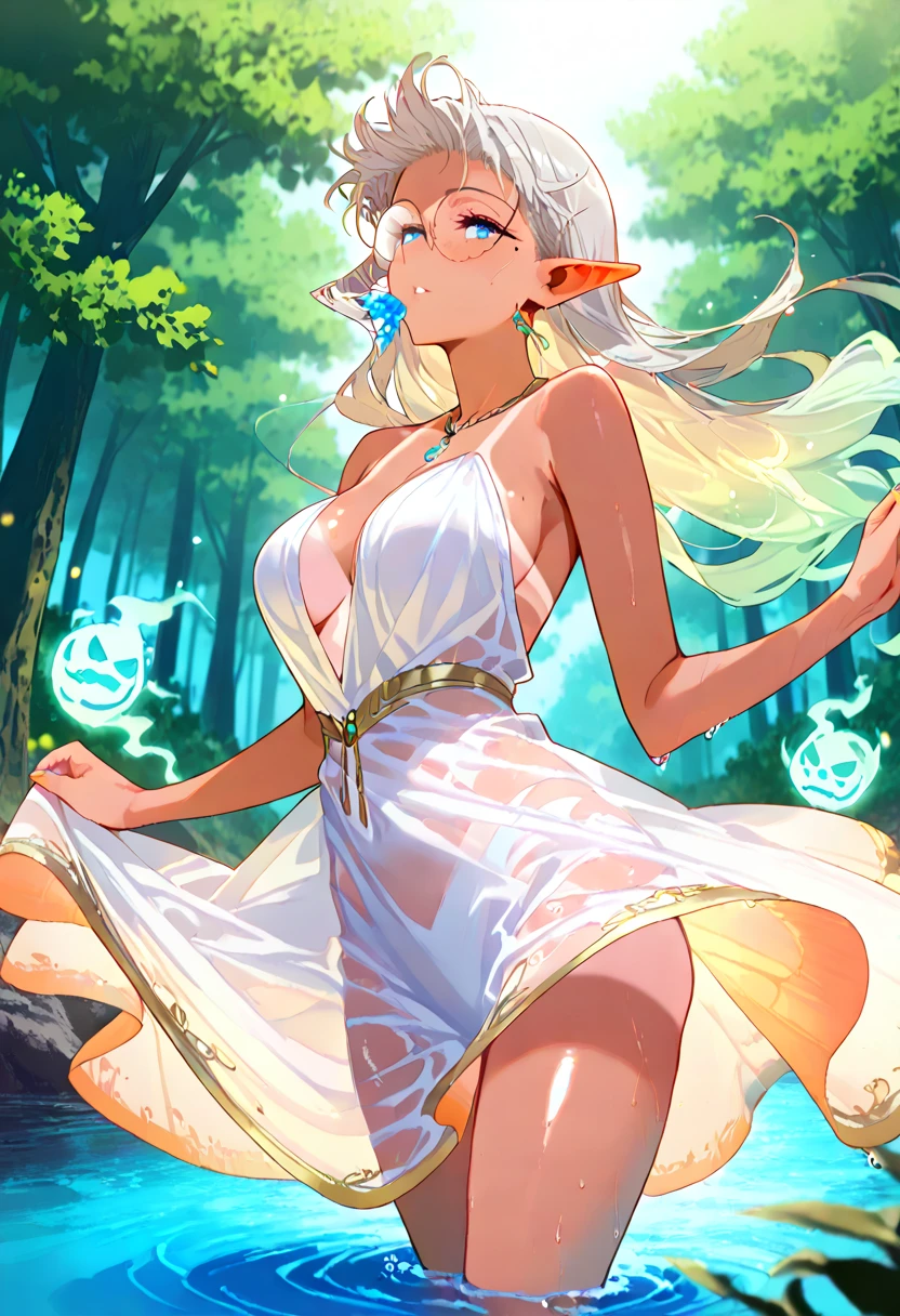 (MASTERPIECE), (Best Quality), (Ultra Detail), (Best Anatomy), (Best Hand Fingers), Official Art, One Girl, Priestess , See-Through Robe, flat chest, Off Shoulder, Thigh Focus, Navel Out, Card Illustration, Deep Forest Fountain