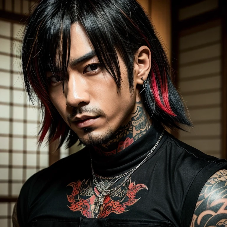 1 man, Japanese man, male, Asian eyes, muscular, broad shoulders, yakuza tattoos, hairstyle Visual Kei style, hair Visual Kei, black men's shirt and black pants, ultra detailed face, hyperrealistic, realistic representation, long hair, long hair, 30 years old, age 30 years, blonde hair