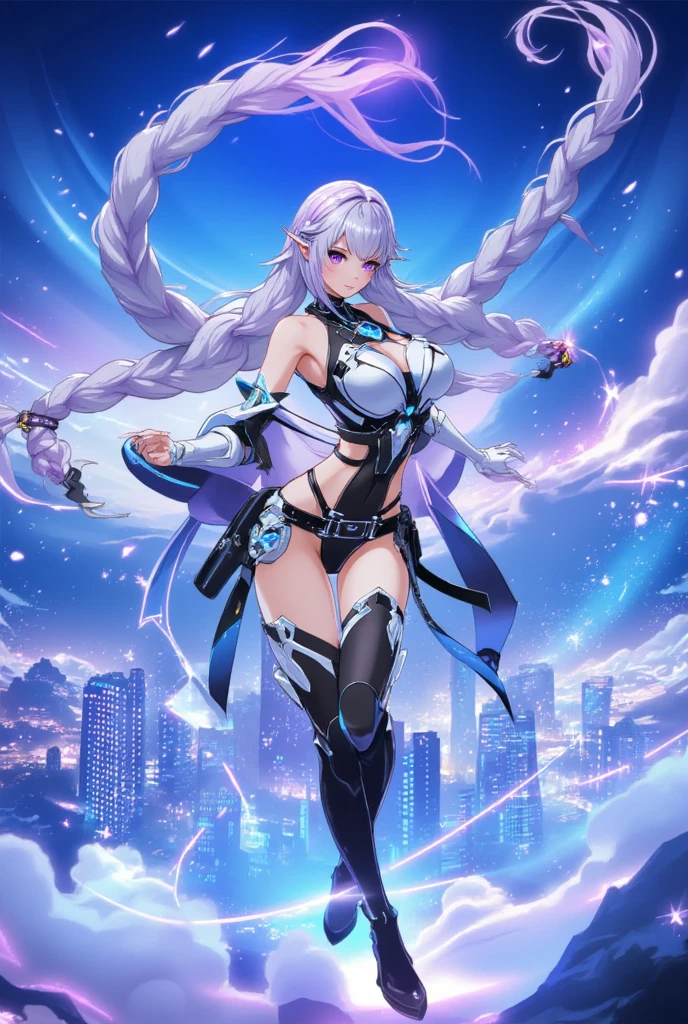 (anime character holding a sci-fi bow and pulling an arrow floating in the sky), ashe, cushart krenz key art feminine, 2.5d cgi anime fantasy artwork, extremely detailed artgerm, ashe from overwatch, detailed digital 2d fantasy art, artgerm detailed, portrait archers of zodiac girl, 8k high quality detailed art, 4k detailed digital art, ((full body)), floating in the air, the legs are seen wearing full black armor, dark background with neon lights, ((right hands holding the sci-fi bow and left hand pulling the magic arrow))