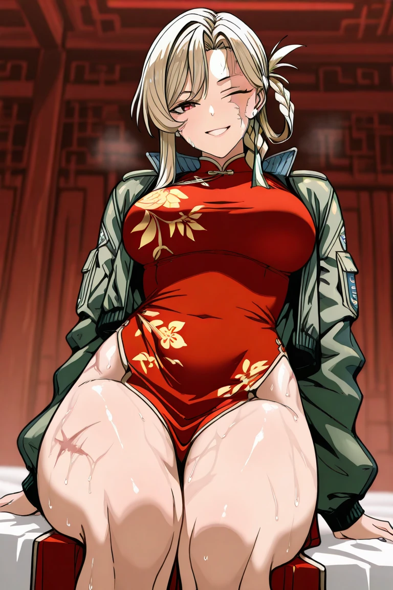 High resolution, Hellsing Ultimate art style, Seras Victoria, 1girl, ((bimbo))), short blond hair, red eyes, puffy lips, thick lips, wide hips, thick thighs, enormous fake breast, huge ass, romantic smile, blushing girlfriend, tight police uniform, red crop top, panties, breasts squeezed together, legs, sexy legs,