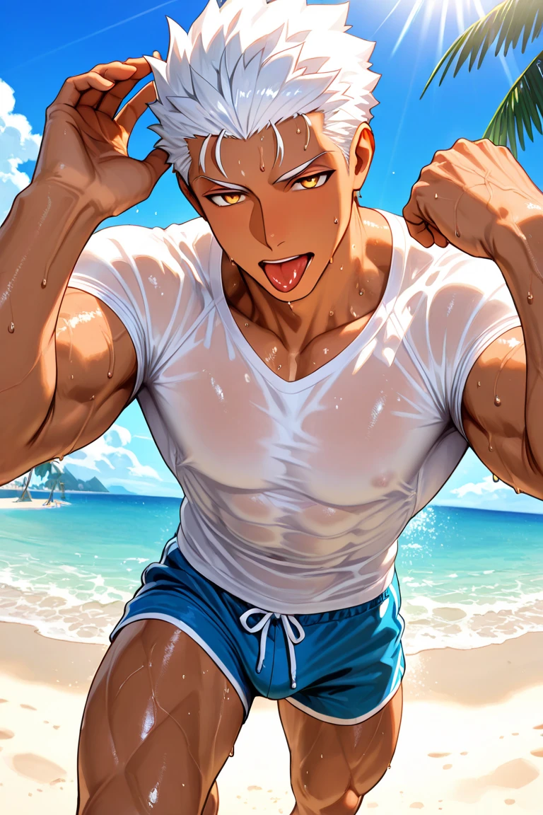 1boy, white long hair, white eyelashes, green eyes,fitness body,hair in the wind, satisfied expression, sexy, at the beach, wearing only Shorts, bulge on shorts, wet clothes