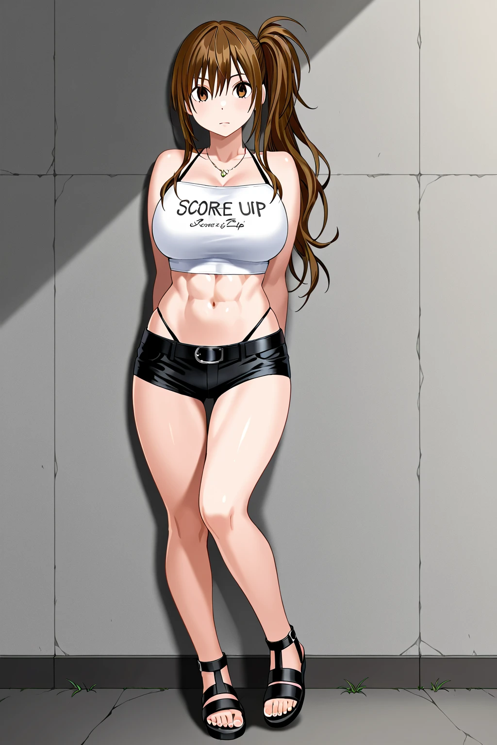 A beautiful woman with big breasts, beautiful legs, and a sharp face is standing with her hands on her hips in a black navel-baring tube top and black hot pants that look like panties.。