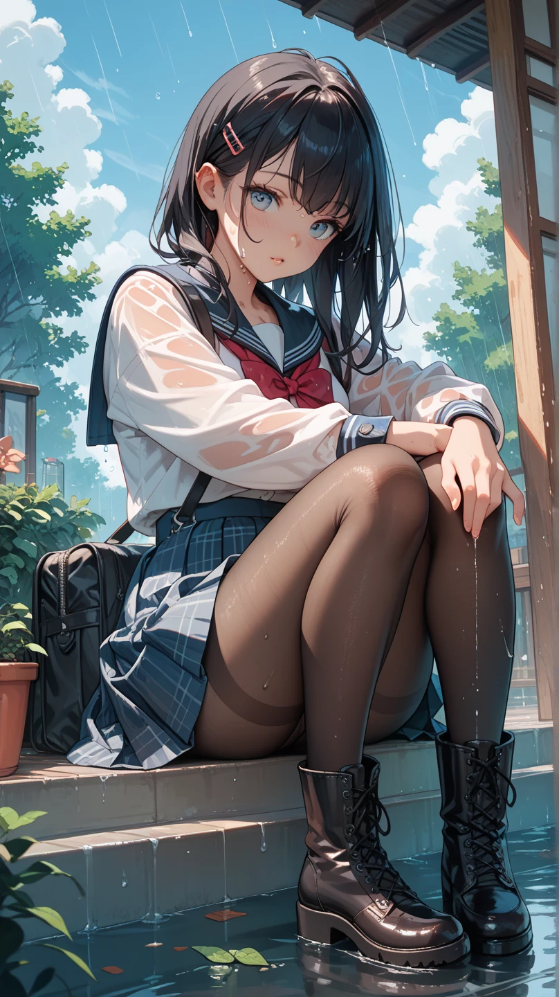 (Best quality, 8k, 32k, Masterpiece, UHD,:1.2),RAW, 1girl,ultra cute , natural lighting,transparent shining eyes, 20yo ,fair complexion, ((school uniform)), sitting on stairs, Closeup shot, wedgie, bending knees, show off panties, From Below, shy smiling, long straight hair, in winter, falling snow, Closing legs, long sleeve cardigan
