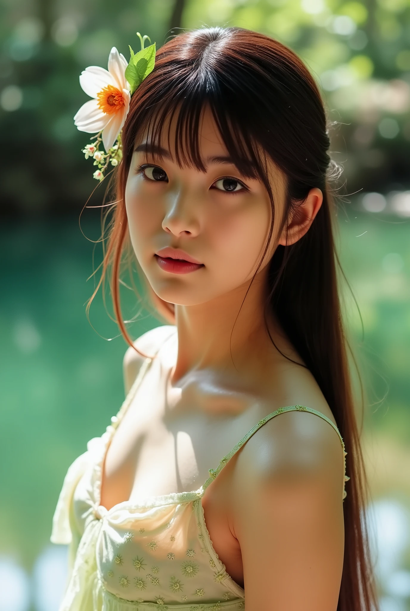 forest lily pond, Ginger woman relaxing in water, nervous expression, upper body portrait, pure white cloth, Nature, corolla, eye contact, breath-taking scenery, summer, shallow view deep, vignette, Very detailed, high budget hollywood movies, Bokeh, Cinemascope, moody, epic, Gorgeous, film grain
