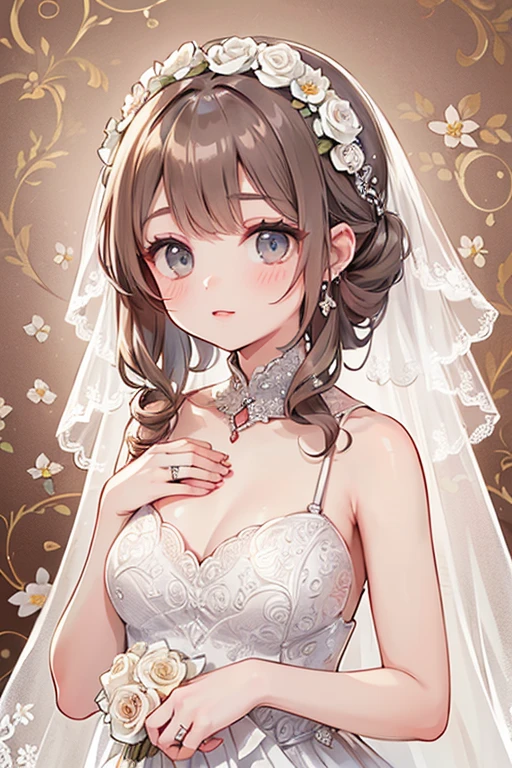 Girl with huge sagging breasts with a sweetheart neckline and a lace neckline ,bridal veil and bouquet 