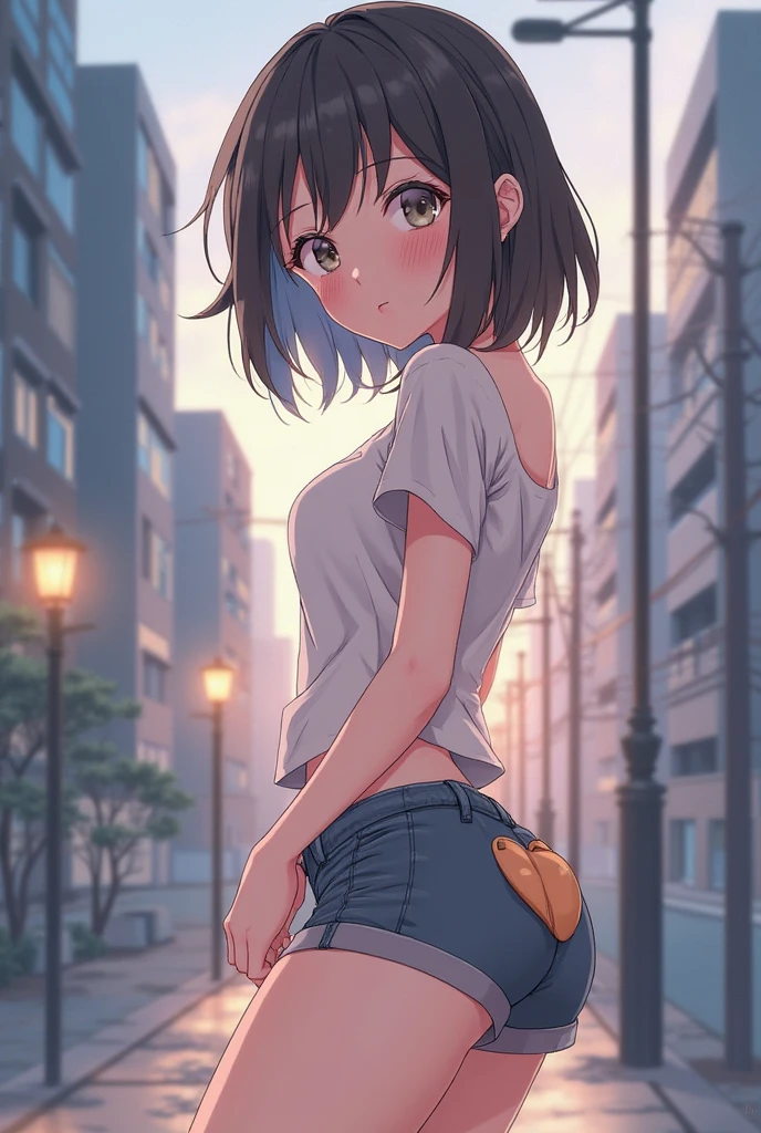 (8K、Top image quality、top-quality、​masterpiece)、A detailed face、1 li、Dark hair、((twintails))、blunt bangs、short-hair、waved hair、Pink eyes、piercings、evil smile、smirk grin、Smaller chest、White camisole、denim short shorts、((stripe thigh-high socks))、cowboy  shot、Taken from below、Back alley background、