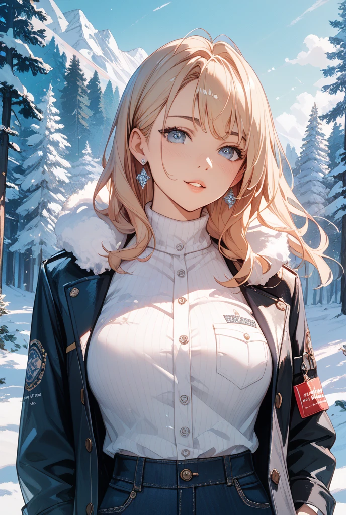 (masterpiece, best quality), 1girl,Jackets, Songstress, Average Height, Thin, Heart-Shaped Face, Olive Skin, Light Brown Hair, grey Eyes, [[Curved Nose]], Pouty Lips, Receding Chin, Long Hair, Thick Hair, French Twist, perky breasts, Threader earrings, cream velvet lipstick, a serene snow-covered mountain valley