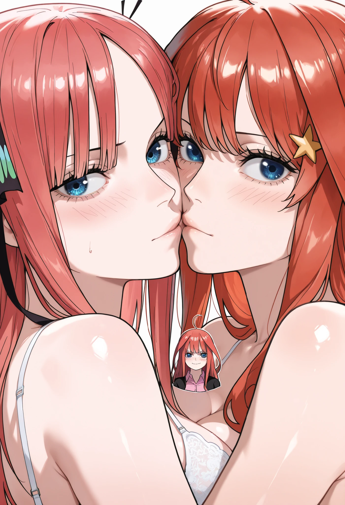 nobara kugisaki,rias gremory,nude,beach, large breasts,red nails, white heels,sexy, 2female, multiple characters,2 characters, choker, smiling,horny, masterpiece,choker,looking at each other,high res,high quality , detailed face, detailed eyes,messy hair,french kiss, detailed hair,closed eyes