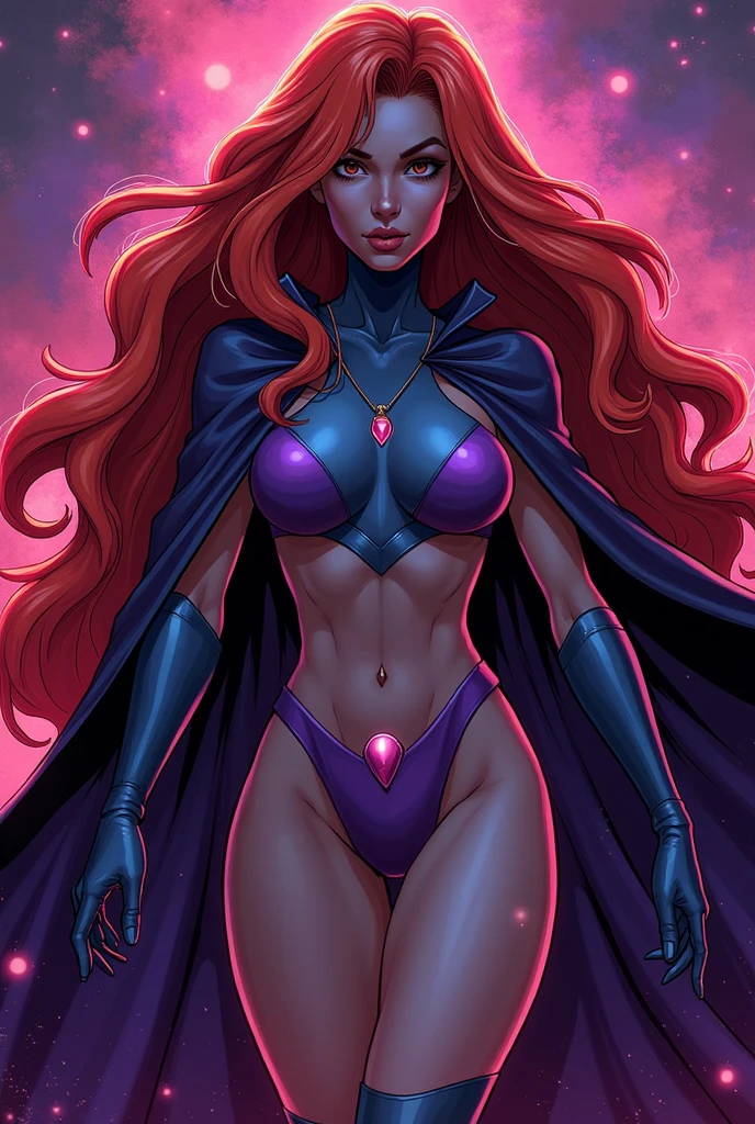 masterpiece, best quality, 1girl, solo, long hair, large breasts,  red hair, superhero, makeup, lipstick, hands on hips, purple lips, solid eyes