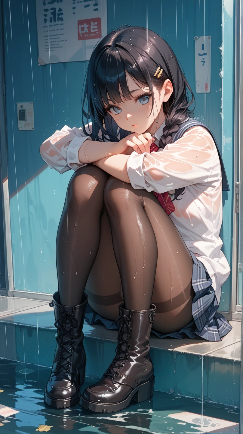 (Best quality, 8k, 32k, Masterpiece, UHD,:1.2),RAW, 1girl,ultra cute , natural lighting,transparent shining eyes, 20yo ,fair complexion, ((school uniform)), sitting on stairs, Closeup shot, wedgie, bending knees, show off panties, From Below, shy smiling, long straight hair, in winter, falling snow, Closing legs, long sleeve cardigan