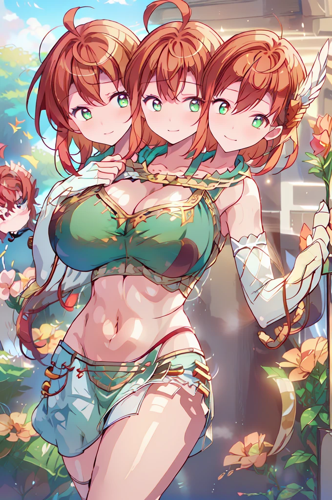 (masterpiece, best quality), best quality, (ultra-detailed), (3heads:1.5), 1girl, (nishida satono:1.3), masterpiece, best quality, pink top, crop top, ((stomach)), midriff, ((groin)), pink skirt, normal ears, shackles, light ginger hair, very long hair, wavy hair, sidelocks, purple eyes, parted lips, single horn, sweat, cute, toned belly, hand on own chest, eyelashes, (24 year old woman:1.3), (masterpiece:1.5), (best quality:1.5), (beautiful detailed extremely detailed CG, extremely delicate and beautiful, depth of field, (finely detailed face), (perfect details:1.2), (mature female:1.3), wide pelvis, slender, large veiny breast, 8k resolution, very high quality, very high definition, extremely detailed, masterpiece, light ginger hair, long hair, alluring presence, braid, short skirt, close up, big tits, young,