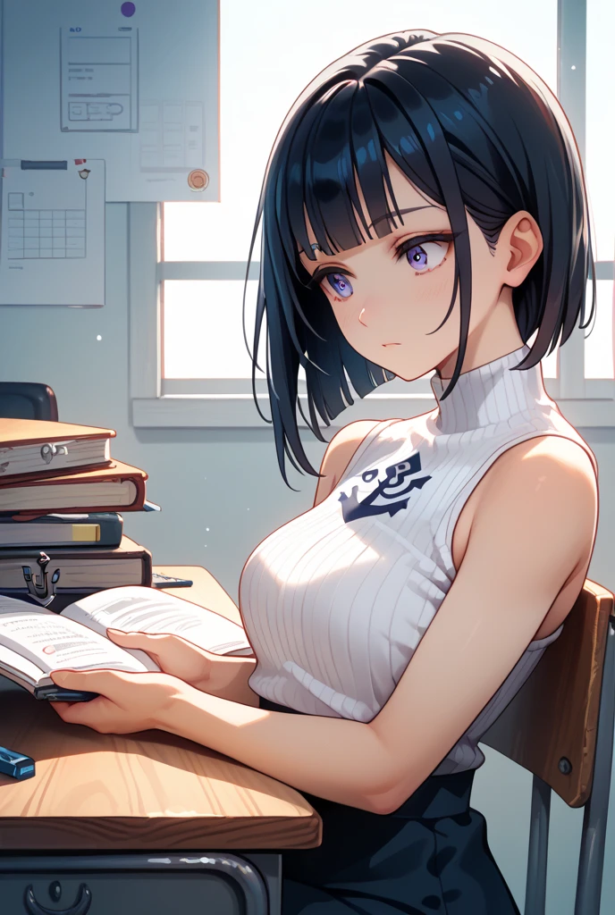 A teenage girl、(​masterpiece:1.4)、(in 8K、realisitic、Raw photo、top-quality:1.4)、(Real Face:1.4)、(real looking skin:1.3)、超A high resolution、A hyper-realistic、Eyes in Beautiful Details、black hair shorthair、a sailor suit、no-bra、high detailing、(huge-breasted:1.5)、gargantilha、atlibrary、Reading a book