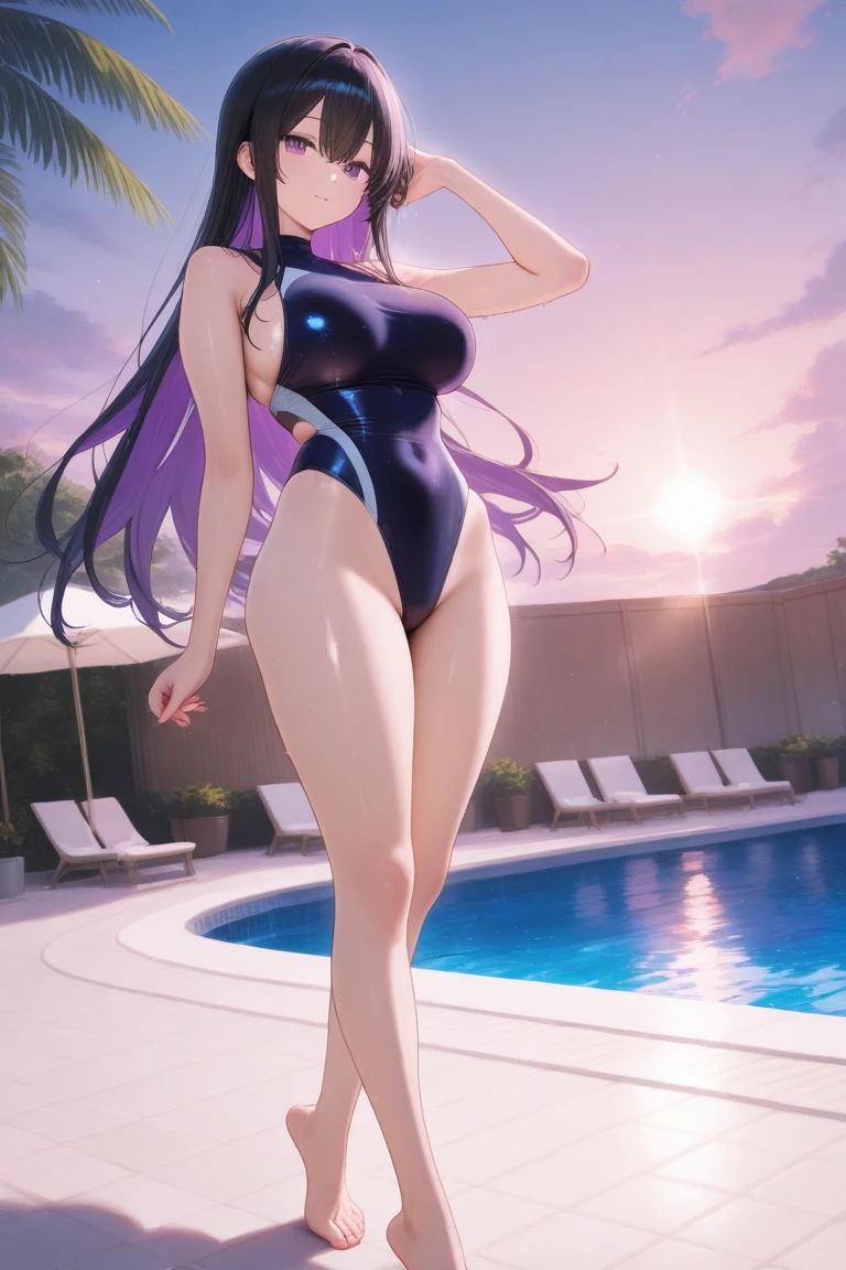 A beautiful girl, high quality, real details, color details, face details, eyes details, intricate details, smile face, smooth glowing skin, 3D image, medium contrast, cinematic lighting, realistic, masterpiece, 8K, thin face, front bangs hair, long hair with purple color, purple eyes, smiling, pink mouth, swimsuit, wet body, large breast size, 2 hands, 5 fingers, sexy, open mount