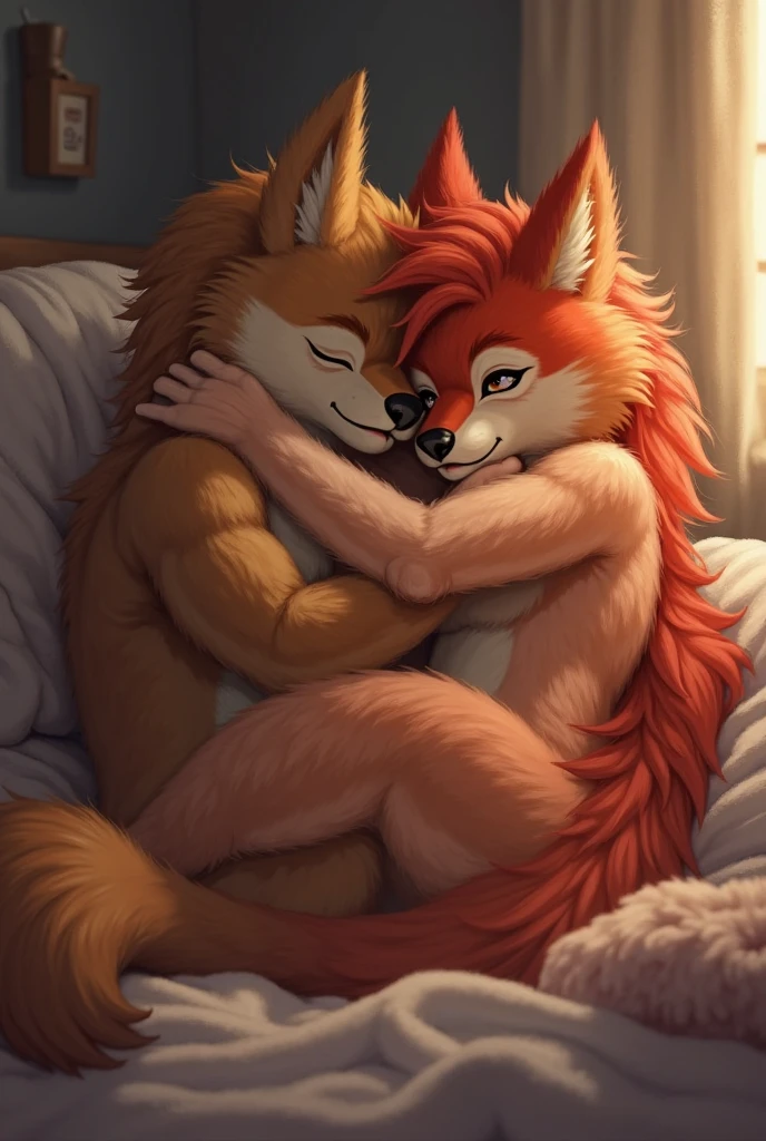 (by fossa666:1.4), masterpiece, detailed Bonifasko lighting, [crepuscular ray], best details, real life, depth of field, (bright lighting:1.4), detailed background, nude, couple, duo, two characters, (anthro), (anthro wolf, male, brown fur, yellow belly fur, orange highlights, sexy guy man, masculine, genitals, wolf penis, cock, knot, erect, nipple piercings, braids, long hair, testicles, grinning, (dad bod), chubby:1.2), (anthro fox, female, orange shoulder length hair, breasts, vagina, pussy, slim:1.2), (stinky, smelly:1.2), with bushy pubic hair and armpit hair, covered in fur, clear details, detailed nipples, cute, snuggly, cuddling, spooning, in bed, under covers, blanket, duvet, pillows, cozy, lying on side
