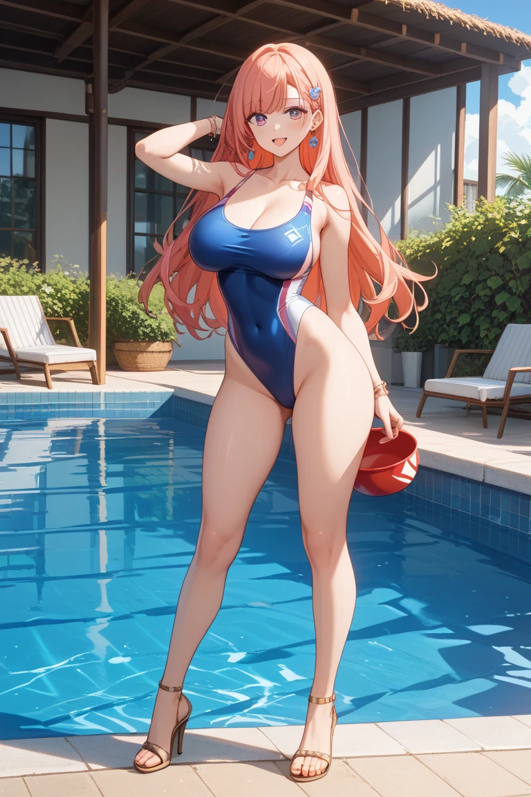((from below),(looking at viewer:1.5)),(1girl,(curvy:1.2),petite,full body,beautiful breasts,large breasts,pale skin,pointy breasts,),(school swimsuit:1.2),((realistic:2,high resolution,best quality,masterpiece)),((extra long hair:1.2),blunt bangs,(extra light coppery red hair),Straight hair,hair over one eye,hair blowing in the wind),(pool side,sunlight)),(lean back,squatting,open legs,erect nipples,sweat)