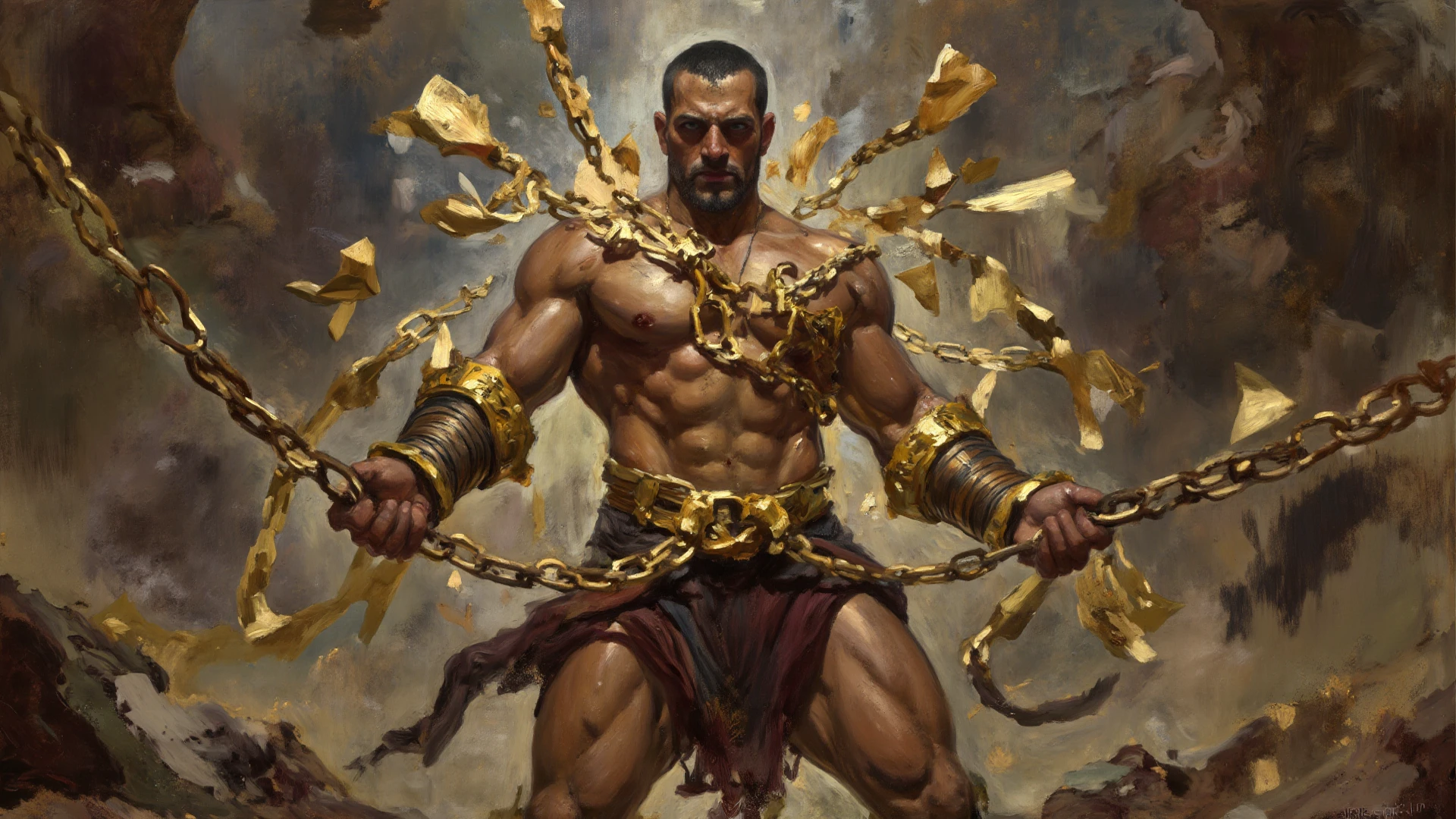 Ghostly Wraith | Full body shot | Ghostly blue eyes | Tattered Robes | Shacked in chains | Classic Portrait Art Digital Oil Painting. This piece interweaves Joe Madureira's edgy lines, Avery Coleman's texture finesse, Titian's rich coloring, and William-Adolphe Bouguereau’s classical realism with the Renaissance brilliance of Leonardo da Vinci, and Michelangelo, creating a vibrant classical elegance.