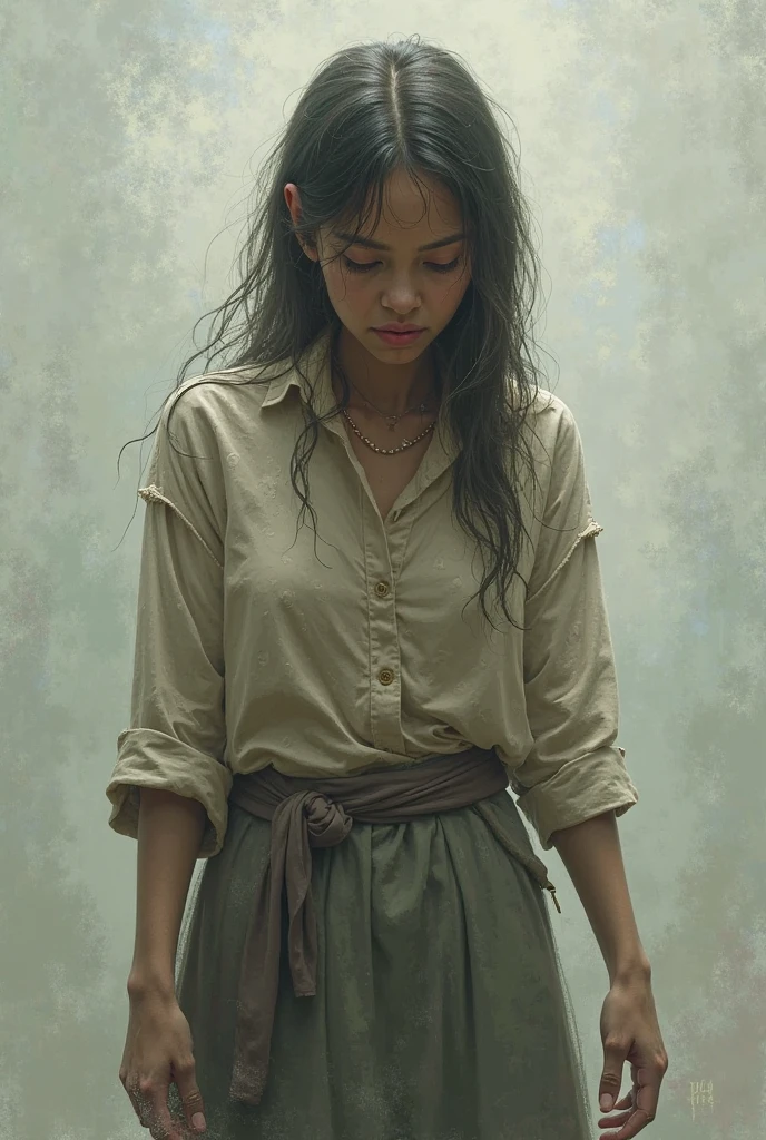 alone in the universe, in watercolor style, Photorealism, discreet golden and ruby and mint shades, (nude) gentle modest thin girl 16 years old (with a very beautiful exquisite face) southern type with short dark hair with beautiful breasts with tender nipples (barefoot) in a long orange skirt walking in the distance (Across the desert), stunted little plants, drought, precious jewelry on the neck and chest and on the wrists, precious bracelets, ankle bracelets, ((antique clay jug with wine))