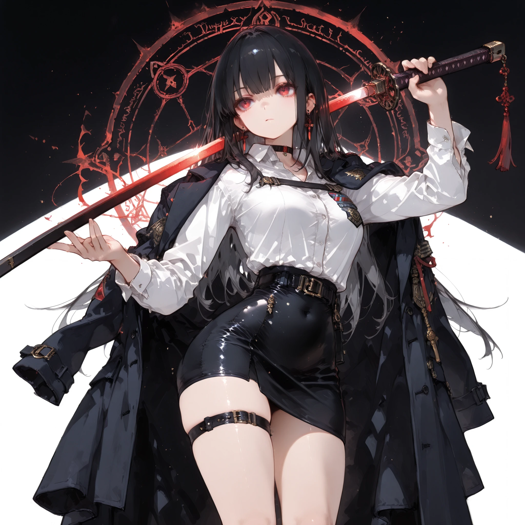 ((best quality)), ((masterpieces)), (detailed), Perfect face, SOLO, ((1 girl)), ANIME, beautiful detailed eyes, long hair, long straight hair, black hair, RED EYES, BARE thighs, (((BARE LEG))), ((black tight-fitting Mini office skirt)), (((dress shirt))), ((Medium Breasts)), Choker, (thigh strap), ((black general's uniform coat draped over the shoulders)), expressionless, earring, (buckle), ((Tuck in the shirt)), tight Mini office skirt, magic circle, no background, fantasy sword, (sword drawing)), holding sword