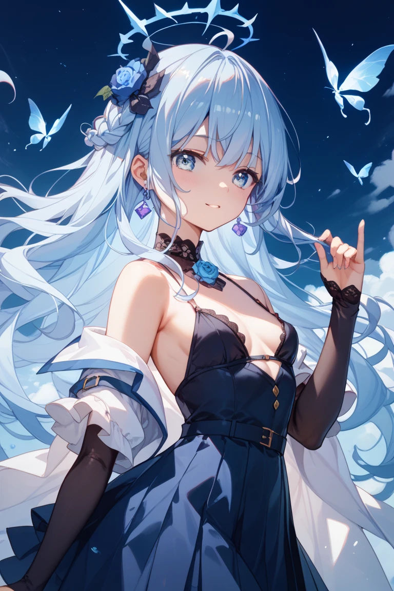 (Masterpiece, Slim Body, Delicate Fingers: 1.2), Best Quality, (Illustration: 1.2), (Hyper Detail), Eye Focus, Ultra Detail, (Fine Detail), (Intricate Detail), HDR, (Ultra Detail: 1.15), (Soft Light: 1.2), girls , White hair, blue highlights, (cyan left eyes: 1.3) , (blue right eyes: 1.3) , teenager , nobility lady cloth, neat outfit, (costume with blue accents: 1.2), white shirt , (blue jacket: 1.3), (medium long white pant: 1.2) , medium short hair , solo , heterochromia , wearing hat , wearing gloves (white) , multicolored hair , ahoge ,black ascot , long sleeves shirt , blue top hat, butterfly ,frilled sleeves jacket , large chest,