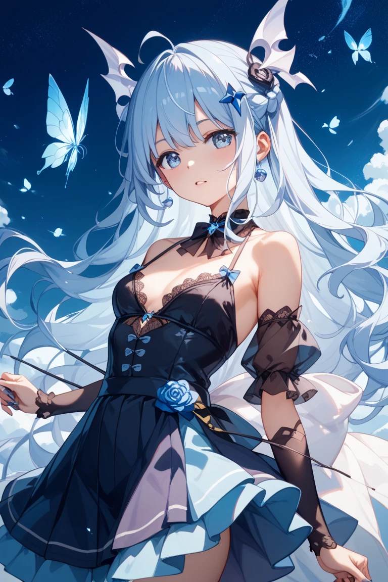 silver hair,Butterfly,long gray hair,8k wallpaper,Detailed background,Highest resolution,Deep V big breasts,hair covering one eye,church garden background,red rose background,Tight,moon,