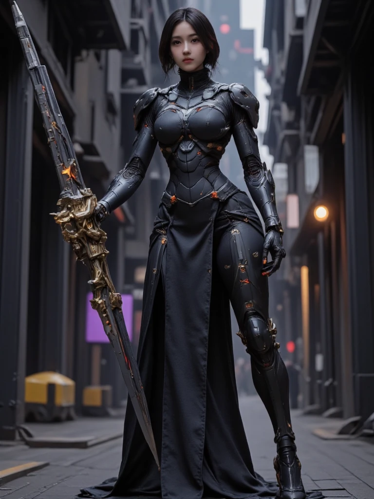 masterpiece, best quality, full body, raytraced, realistic lighting and shadows, greatsword and shield, mechanical exoskeleton, combat suit, big breasts, long legs, robot warrior, derpd, busty