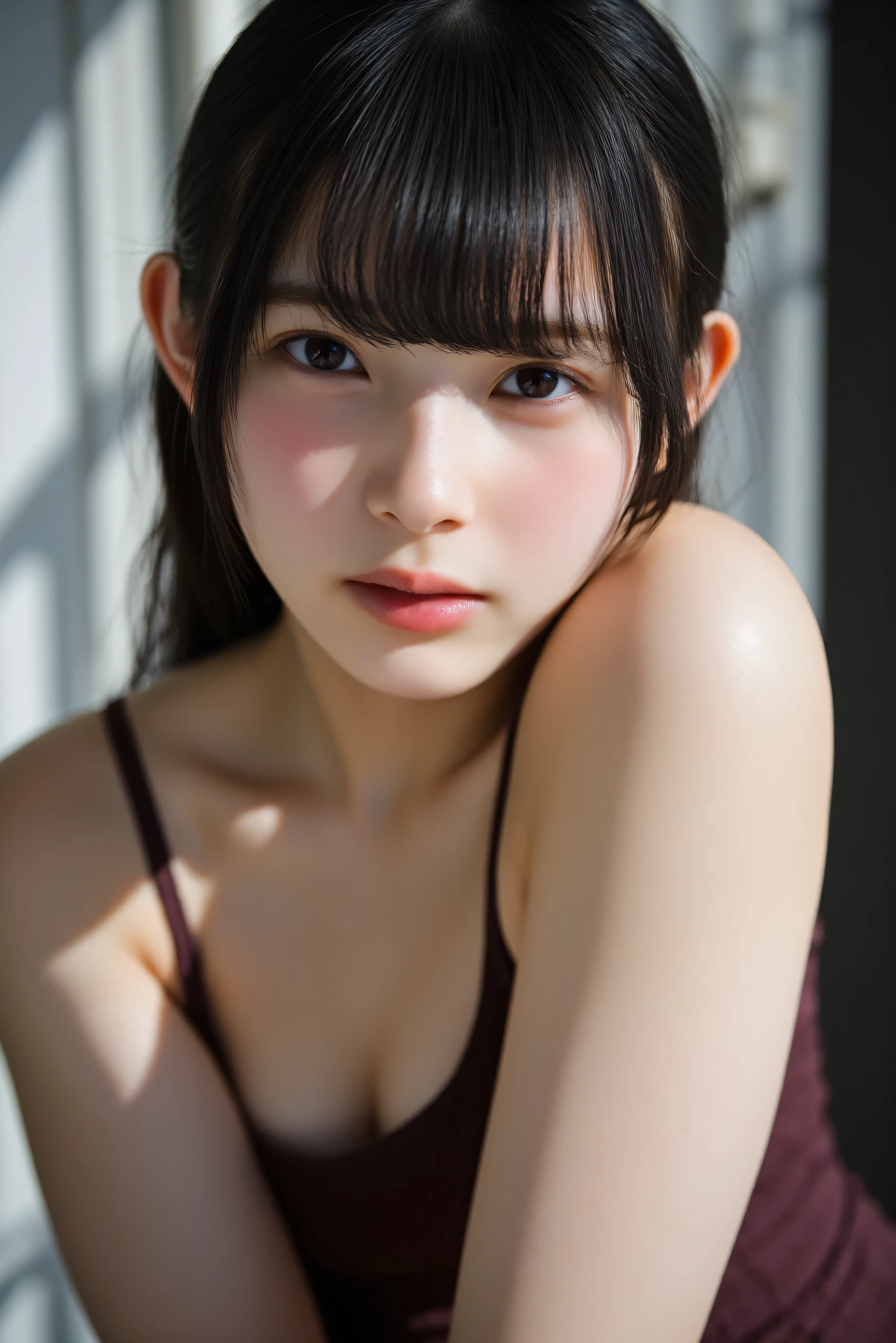 highest quality, realistic, 8K, High resolution, 1 girl, woman, (skin dents), (portrait:0.6), nice, ((womanの部屋,lace bra, small breasts:1.65)), (long brown hair, parted bangs:1.4), looking at the viewer, (1 girl eyes looking at the viewer:1.6), realistic, (Bokeh), (closed mouth, smile:1.3), nice, Pueros face_v1:1,
