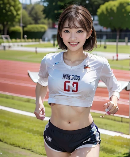 masutepiece、​masterpiece、top-quality、ultra-detailliert、hight resolution、hight resolution、8K Portrait、Unity 8k壁紙のhigh-detailCG、Unity 8k壁纸、Highly detailed CG Unity 8k wallpaper、逼真、realperson、cute little、 Portrait photos、shinny skin、high-detail、(sixteen years old:1.2)、Beautiful clear eyes、Ultra-fine depiction、delicated face、Lovely lips、Slender body、 thin waist、Thin leg、(Track and Field Arena:1.4)、(flat :1.8)、(Colorful athletics uniforms:1.5)、( see-through:1.5)、(Big smile)、(short-hair:1.2)、(small )、cute little顔