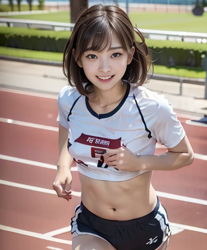 (Tabletop:1.3), (8K, Realistic, Raw photo, Highest quality: 1.4), Japanese, Beautiful Face, (A vivid face), (Shortcuts:1.3), Realistic eyes, Beautiful Eyes, (Real Skin), Beautiful Skin, 超High resolution, Surreal, High resolution, Beautiful Japanese Woman、、(夜のAthletics場、Track and Field:1.5)、Athletics、(Show me your armpits:1.4)、(Put your hands behind your head:1.2)、Laughter、Erotic、high school student、belly button、Sports、uniform、Bloomers