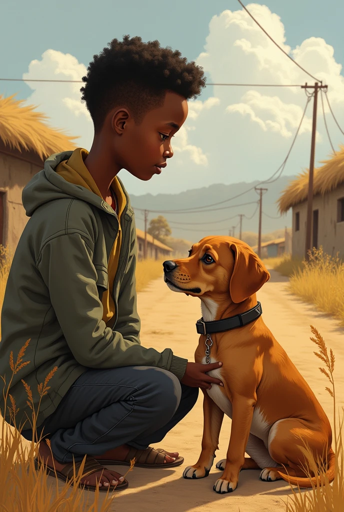 A poor Afro-Brazilian boy in a typical Brazilian house drawn by Todd McFarlane and Greg Capullo, he is wearing old and torn clothes, he is playing with a soccer ball and playing with his dog, a backyard of a typical Brazilian house in the background, brown dog typical of Brazil, the dog tries to bite the soccer ball, a soccer ball at the boy's feet, the soccer ball must appear in the image, Robert Downey Jr Reference.., engine unreal, octane rendering, por Jacob Lawrence e Francis picabia, perfect composition, beautiful detailed intricate insanely detailed octane rendering trending on artstation, 8k art photography, photorrealistic concept art, soft natural volumetric cinematic perfect light, Bright dark, rewarded photography, artwork, oil on canvas, rafael, caravaggio, Greg Rutkowski, beetle, Beksinski, giger, beautiful perfect face with perfect face, with two large central incisors and visible gums, the detail, highy detailed, photo realist