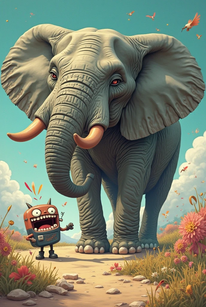 Make a big monkey with black glasses at a party with a shirtless man and a red house in a sea and an elephant on top of the monkey and a big explosion behind the party