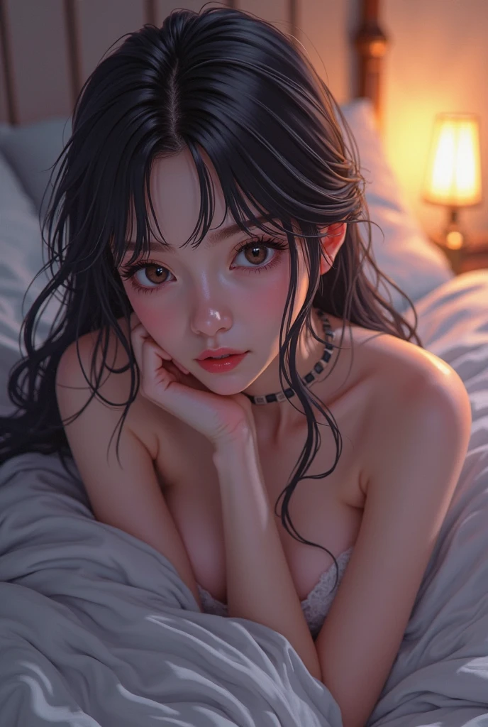 ((masterpiece)),((Best Quality)),(photo realistic),light particle,(a woman lying on her stomach),white bed, pretty pose, (separated lips),(smile),(blush),(Beautiful Japanese lady),(bushy eyebrows:1.2),((falling eyebrows)),(downturned eyes),(26 years old),(detailed beautiful eyes),(big eyes),(thick lip:1.2),(lip gloss:1.25),1woman, looking at viewers, (full nude:1.4), (flat chest:1.2),(Attractive waist circumference), (Attractive thighs),(wide forehead:1.25),(pulled back hair),(big ass:1.2),Perfect anatomy,(physical beauty:1.3),(straight hair),(black medium hair),Outstanding proportions,(muscular:1.25),(highly detailed face)