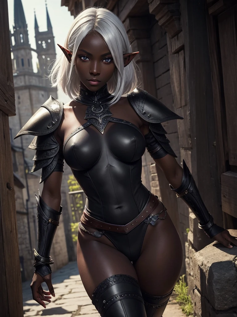 ((best quality)), ((masterpiece)),((detailed)), drow, dark elf, woman with white hair, red pupils, ((ebony skin)), focus on face, eighteen years old, sexy, sensual, long legs, athletic body, well-toned body, skinny body, fullbody, large breasts, open neckline, sexy black armor, skinny thighs, medium hair, long eyelashes, elf ears, black colored skin, sunny medieval town
