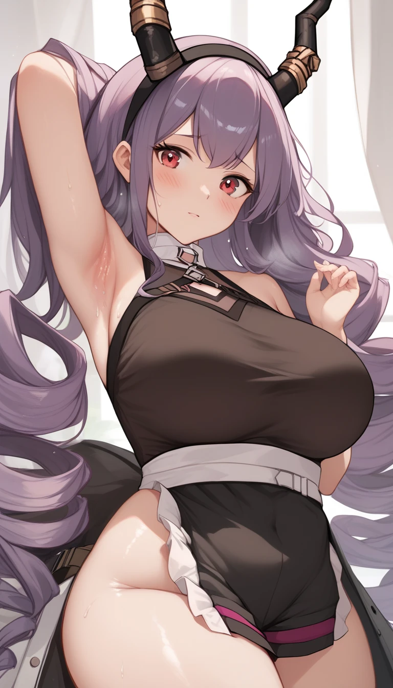 16K,typhon \(arknights\), 1girl, long hair, very long hair, purple hair, sidelocks, drill hair, twin drills, red eyes), black hairband, horns,cheerleader costume ,blush,(((big breast))),arm up,((armpit focus)),Plump Armpits,Thick armpits,Drawn armpits,Armpit sweat,shiny skin,(((thick thighs)))