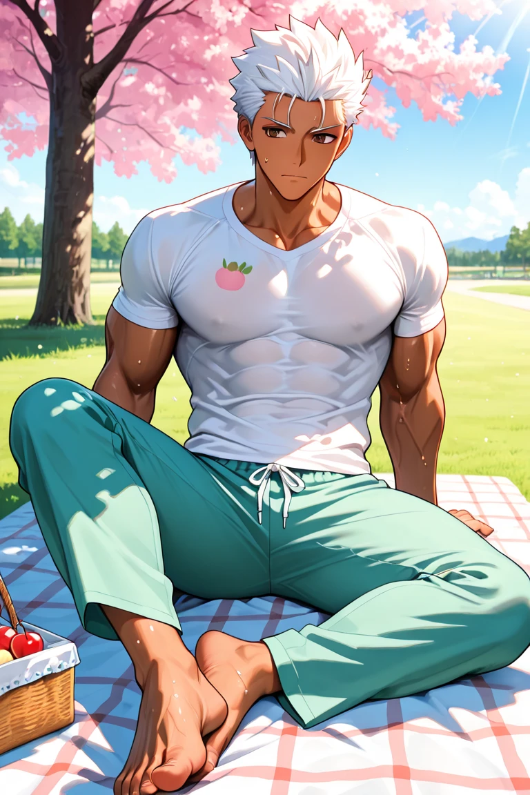 (masterpiece, best quality), 1boy,Lewdness,younge boy,'s face,Juvenile faces,sideface,Lying naked in a flower field,Covered in sweat,adolable,infancy,Young age,Short round face,Flat chin,Fine face in detail,Colored briefs,musculous, Short bright orange hair, Sky blue eyes,opens his eyes wide, 复杂, full bodyesbian,nakeness,Lewdness,Teal briefs,Pectoralis abdominal muscles,vivd colour,(depth of fields:1.2),(abs),looking at viewert,Lying on the flower field,spread their legs,Arms open,Large pink flowers,Flowers