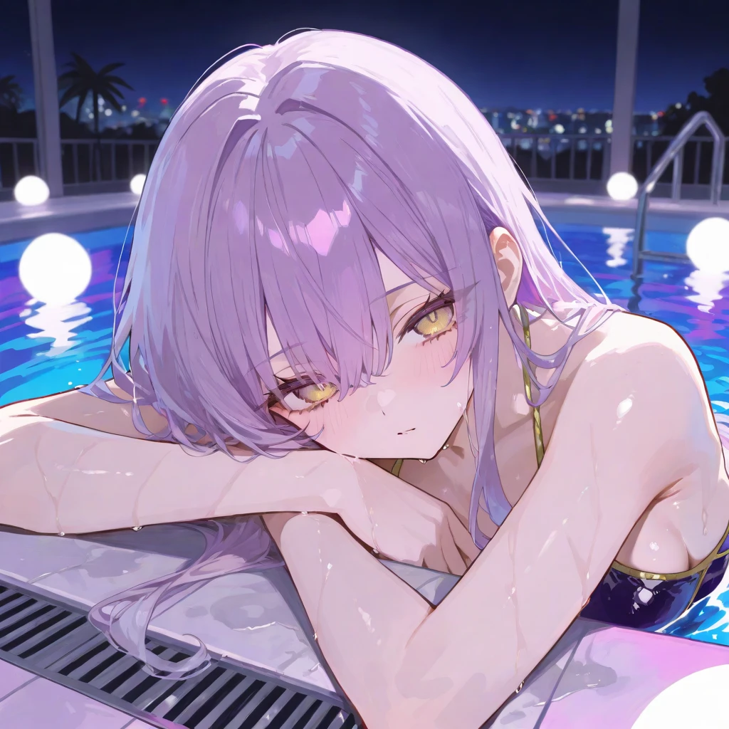 (((scrawny))),(((Wheat skin))),((high school student)),tanlines,(side ponytail,ahoge,One eye is covered by hair),((Purple Hair)),(fluorescent pink streaked hair),(Green Eyes),Slanted Eyes,BREAK,(Micro Bikini,latex,),Poolside,Green scrunchies,((Crouch,Bold Pose))Low - Angle