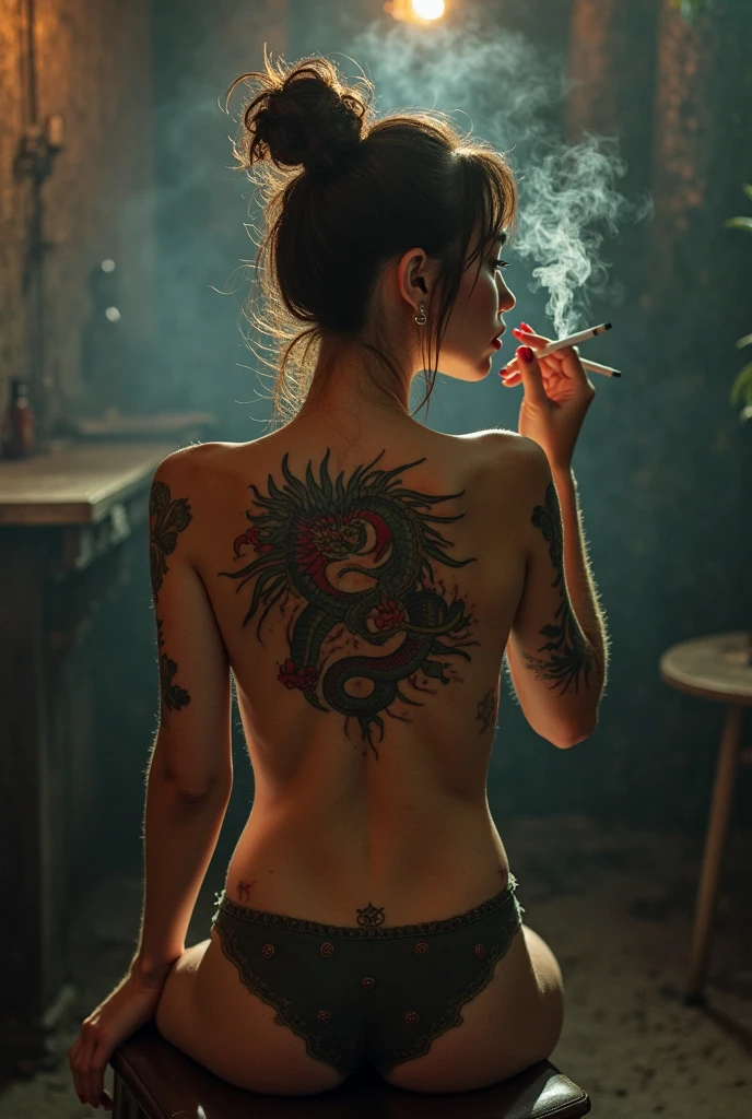 2 women, Stunning high-definition cinematic portrait of the Russian musical duo "Tattoo," with a captivating intensity that exudes raw talent and charisma. The duo, both in their mid-30s, are shown from the waist up, showcasing intricate tattoos of a dragon and koi fish dominating their backs. The image is set against the backdrop of a dimly lit, historic Moscow music hall, with the spotlight casting dramatic shadows and highlighting the details of their tattoos.

The dragon tattoo, with its fiery scales and fierce visage, adorns the left shoulder, while the koi fish tattoo, symbolizing perseverance, graces