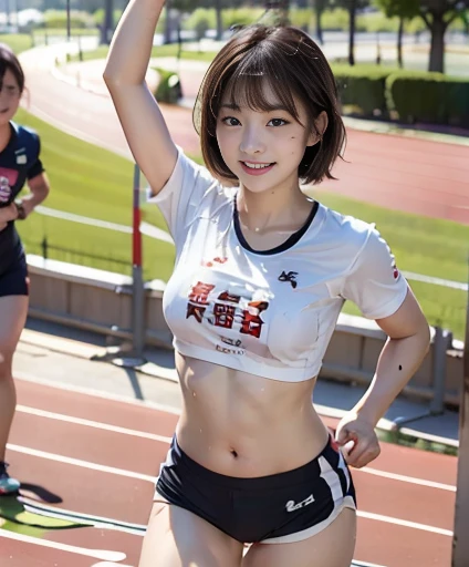 ((beatiful japanse girl:1.3)) ((wearing Track and Field Uniforms:1.4)) ((track-and-field arena:1.3)) ,((wet body:1.4))  ((thin_fabric:1.4))  ((large breasts:1.2)) ((close-up:1.2)) best quality,masterpiece,ultra high res,(photorealistic:1.4),raw photo,(Authentic skin texture:1.3),(film grain:1.3),panorama,character portrait,very wide shot,narrow waist,cowboy shot,(in the dark, deep shadow, low key, cold light,) night,(()),streaming tears,,dust,Tyndall effect,(expression),1girl,beautiful detailed eyes and face,white jabot,brown eyes,((brown hair:1.2)) ((full body:1.3)) ((smile:1.4)) ((flat stomach:1.3)) ((running:1.3)) ((bob cut:1.2)) ((ass:1.3))