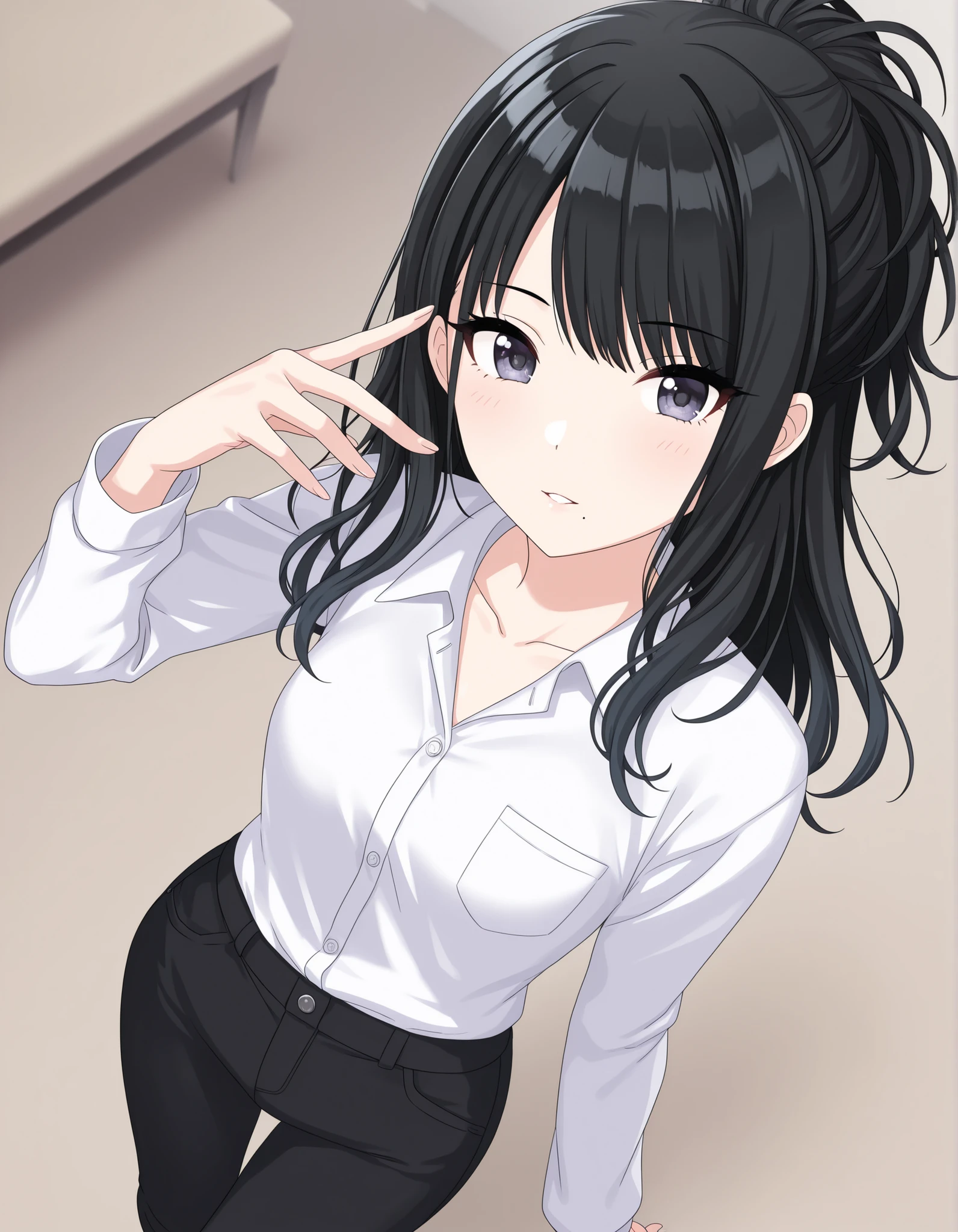 detailed background, shiny skin, posing, , solo, from above,
shanimas, open white shirt, collared shirt, long sleeve, black tight long pants, one mole, mole under mouth, ,
hiori, looking at viewer,