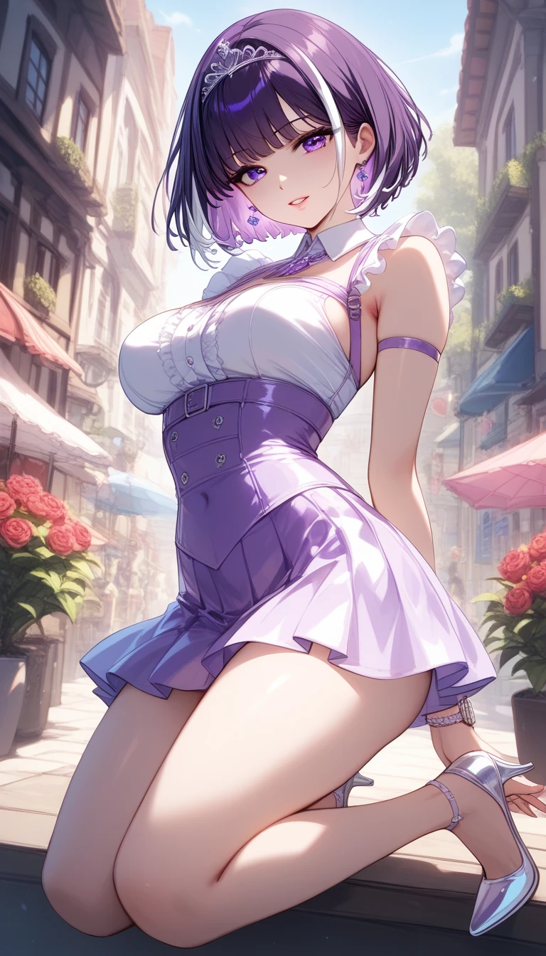 (Masterpiece), (Best Quality), (1 Girl), blue purple hairs, blue purple bra, blue eyes, skirt, mini skirt, naked breasts, big breasts, short hairs, earrings, naked breasts, naked tits, pink nipples