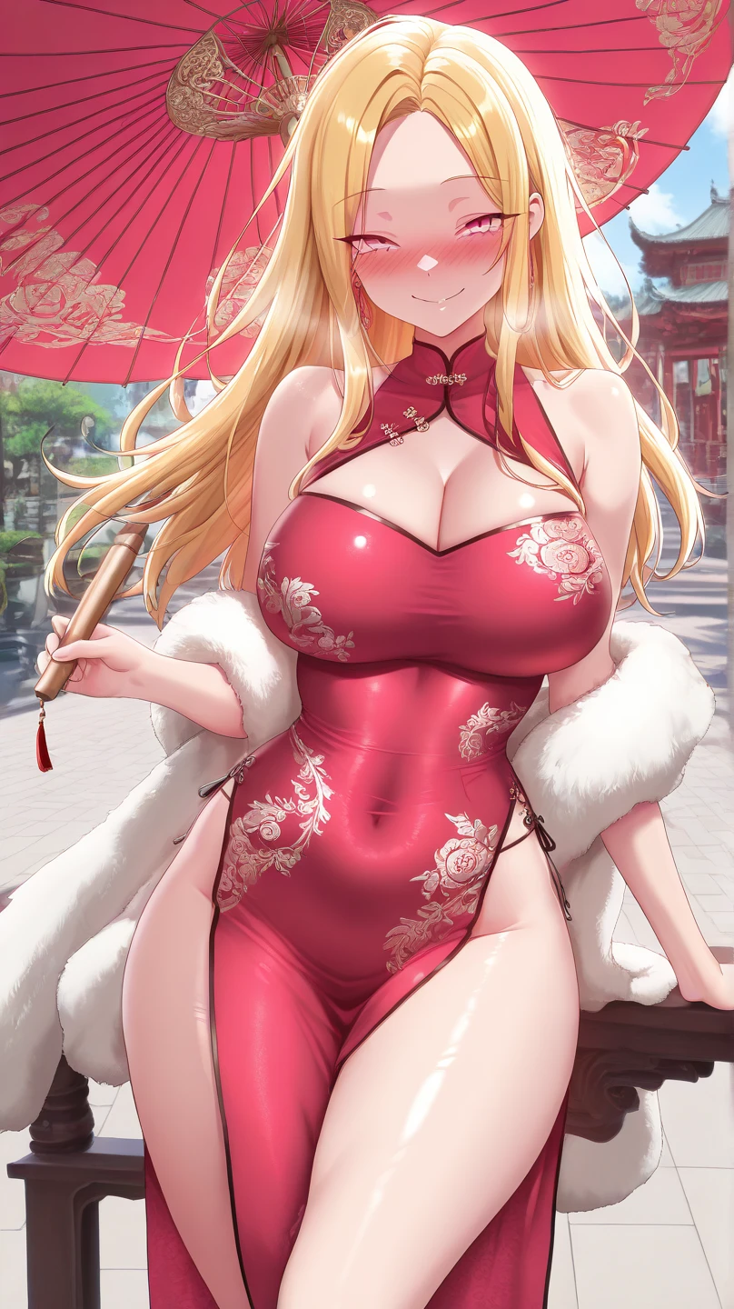 A woman with big ，(Gorgeous woman)，ahegao，cheongsam，Long blond hair，Cleavage，Slim waist，(Blush:1.2)，Thin legs，On the streets of London，