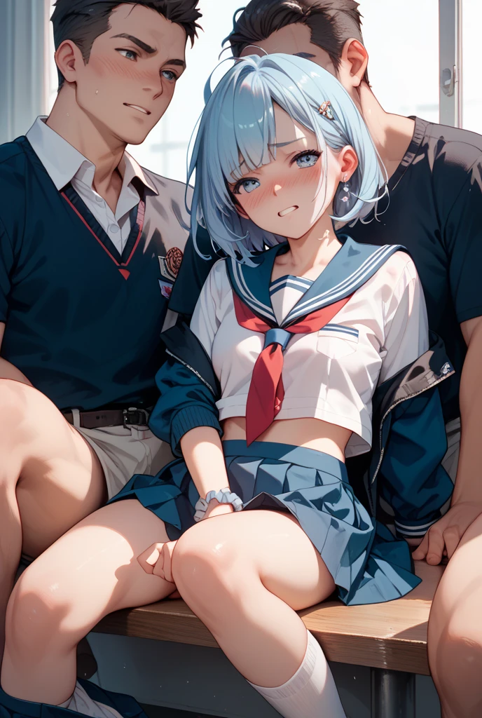 one girl, two boys, Arrange pose,Top quality work, nsfw, Show Legs,(long white hair),(blue eyes), Rose cheeks, Pretty Face, A perfectly proportioned face, school classroom, round small breasts, ((boy put his hand under her panties and rubbing)), (erotic pose), nsfw