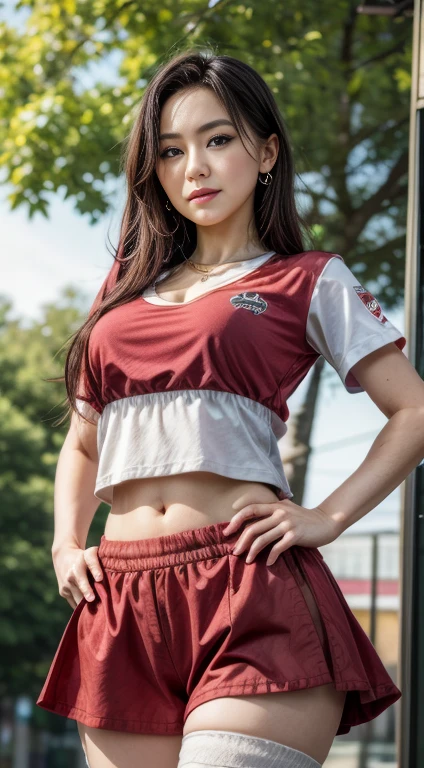 (best quality), high resolution,Asuka Langley Soryu, Beautiful Pretty Mixed German Babe, (Beautiful face), sexy lips, Auburn Twin Tails Ribbon Red Long Hair, (front view:1.5),(full shot:1.5), long white t shirt, red plaid skirt, red sneakers, intense gaze, dark blue detailed beautiful eyes, (dynamic pose), combine realism and anime influence, fashion pose, 85mm portrait