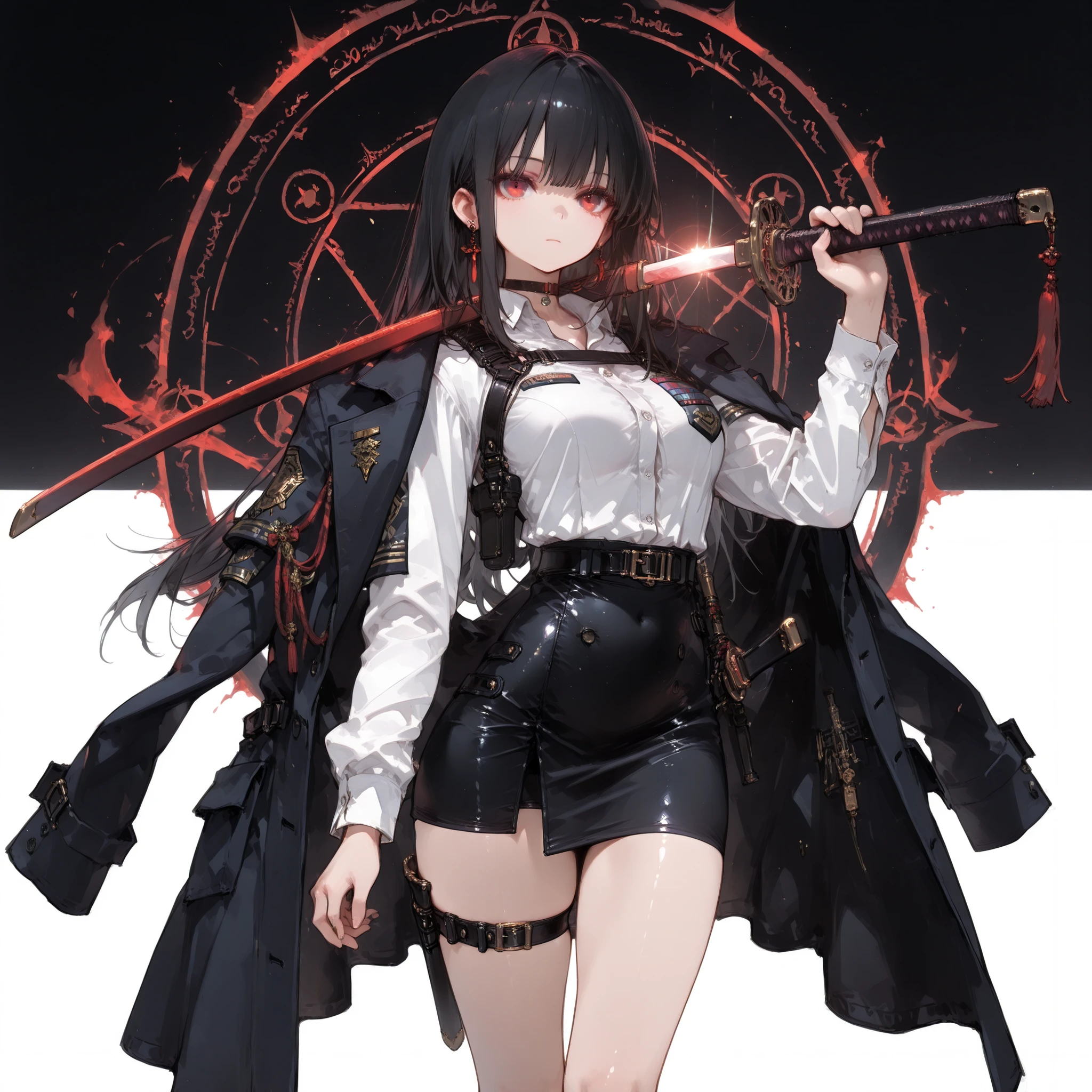 ((best quality)), ((masterpieces)), (detailed), Perfect face, SOLO, ((1 girl)), ANIME, beautiful detailed eyes, long hair, long straight hair, black hair, RED EYES, BARE thighs, (((BARE LEG))), ((black tight-fitting Mini office skirt)), (((dress shirt))), ((Medium Breasts)), Choker, (thigh strap), ((black general's uniform coat draped over the shoulders)), expressionless, earring, (buckle), ((Tuck in the shirt)), tight Mini office skirt, magic circle, no background, fantasy sword, (sword drawing)), holding sword, Hair fluttering, harness