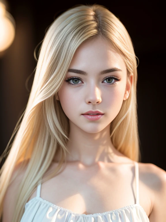 she is a white woman with flowing blonde hair and a semi-long hairstyle. She is topless, leaning forward, and completely naked. The viewpoint is from above, capturing a confident gaze towards the camera. Her facial expression is gentle and she wears a graceful smile. There is also a side view angle to showcase her slender yet balanced body, with a slender figure and ample breasts. The pose is reminiscent of a fashion model, exuding elegance and poise. Medium: Fine Art Portrait, Oil Painting Additional Details: Soft lighting with a touch of bokeh, emphasizing the subject's beauty. The artwork is created with remarkable attention to detail. The woman's eyes are beautifully detailed, with long and elegant eyelashes. Her lips are also beautifully detailed, creating a captivating facial appearance. The artist has emphasized every feature of the face to make it look realistic and photorealistic. Image Quality: (best quality, 4k, 8k, highres, masterpiece:1.2), ultra-detailed, (realistic, photorealistic, photo-realistic:1.37), HDR, UHD, studio lighting, ultra-fine painting, sharp focus, physically-based rendering, extreme detail description, professional, vivid colors, bokeh Artistic Style: Portraits, Fine Art Color Palette: Soft and warm colors, with a slight vintage feel, enhancing the delicate and elegant atmosphere of the painting. Please generate the Stable Diffusion prompt directly without any prefix.