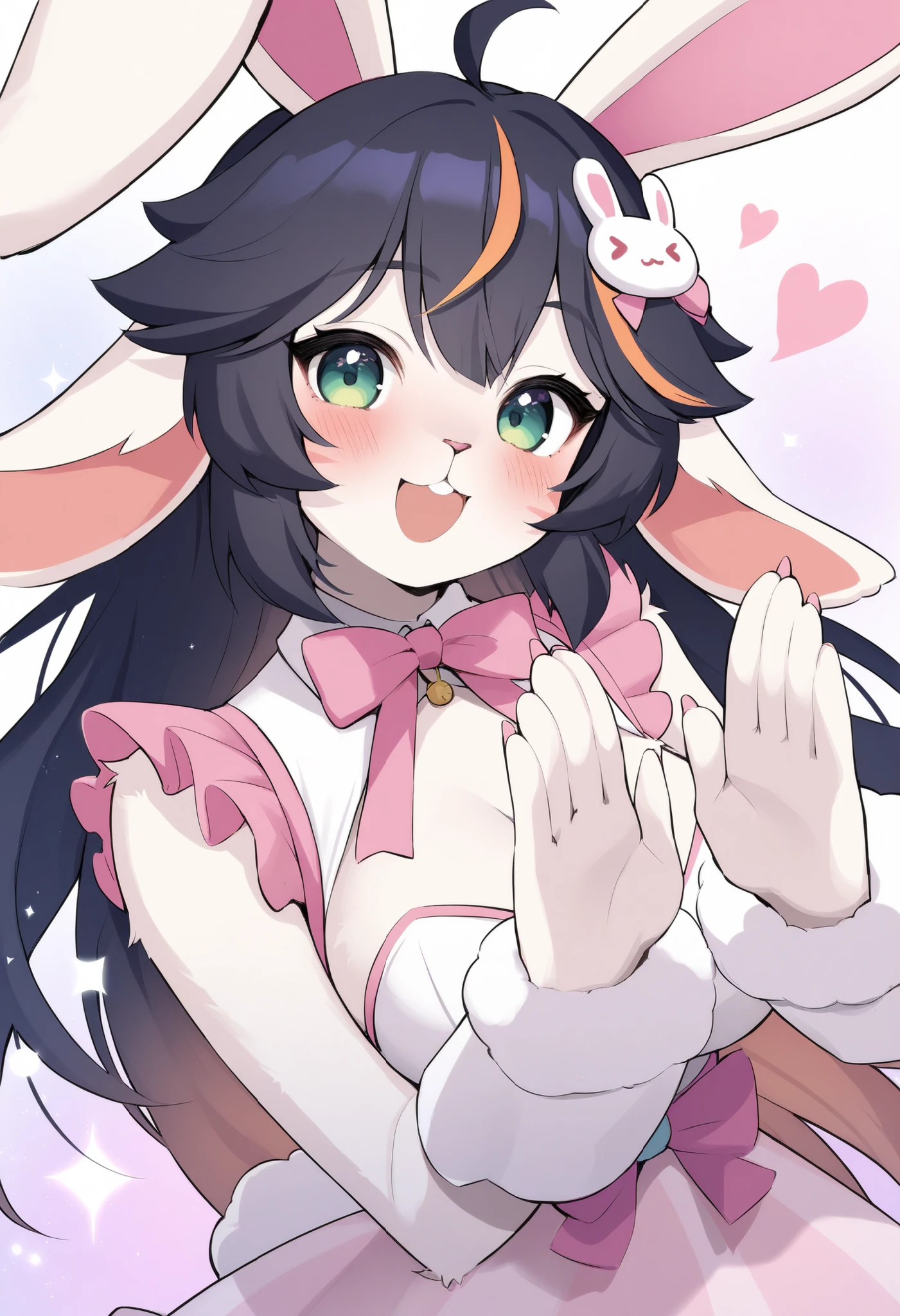 masterpiece, best quality, ultra-detailed, absurdres, furry, 1girl, apricot \(vshojo\), (bunny girl:1.2), (v sign (both hands):1.3), cute face, big smile, blush, looking at viewer, (long fluffy bunny ears:1.1), white bunny ears, small bunny tail, long black hair, purple gradient, green eyes, wearing a cute pastel dress, frills, ribbons, upper body, soft pastel background, floating hearts, sparkles