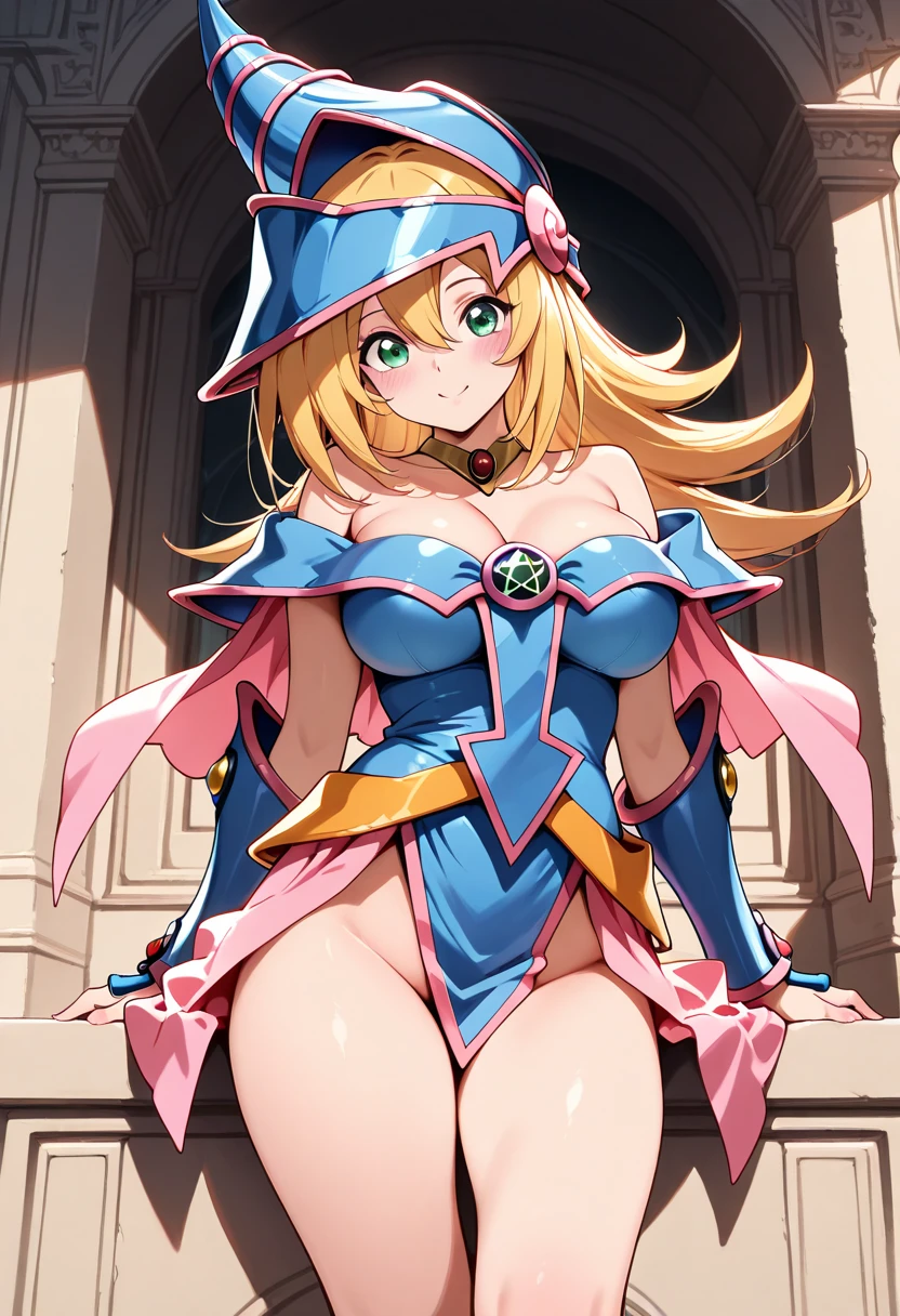 dark magician girl, masterpiece, best quality, 1girl, :d, bare shoulders, blonde hair, blush stickers, breasts, cleavage, duel monster, green eyes, hat, large breasts, leotard, long hair, looking at viewer, open mouth, smile, solo, staff riding, thighs, wand
<lora:dark_magician_girl:0.6>