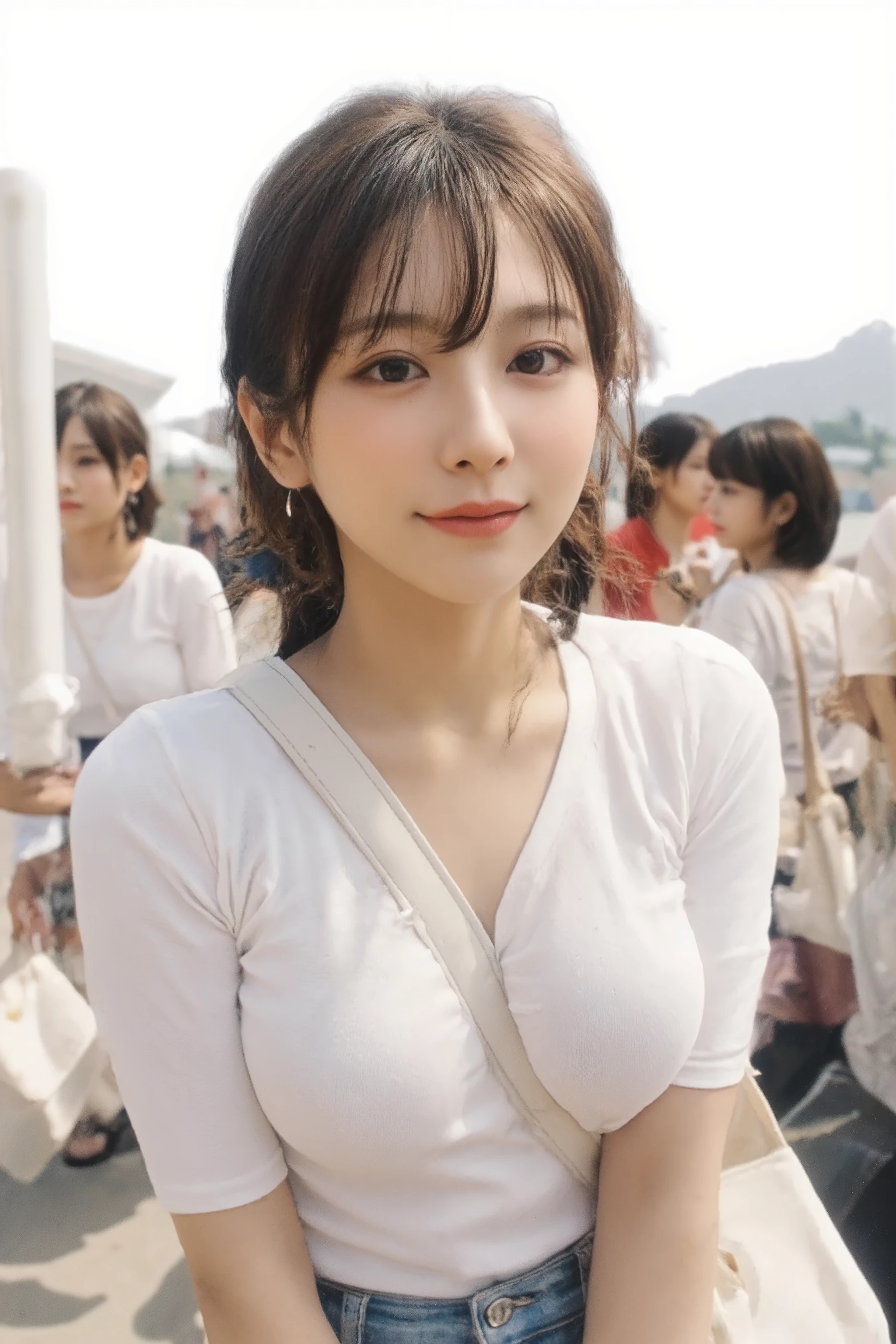 A photorealistic image of a Japanese woman meeting her lover at a busy train station in Japan. The station is bustling with people. The woman has short hair, with one side tucked behind her ear, where she wears a silver earring. Her skin is fair and translucent, giving her a clean and mysterious appearance, like someone from a cosmetics commercial. She is wearing a white T-shirt and denim jeans, with a shoulder bag worn diagonally across her body, the strap running between her chest. She smiles with relief and happiness as she sees her lover arrive. The image is composed from the front, capturing the emotional moment and the vibrant atmosphere of the station.