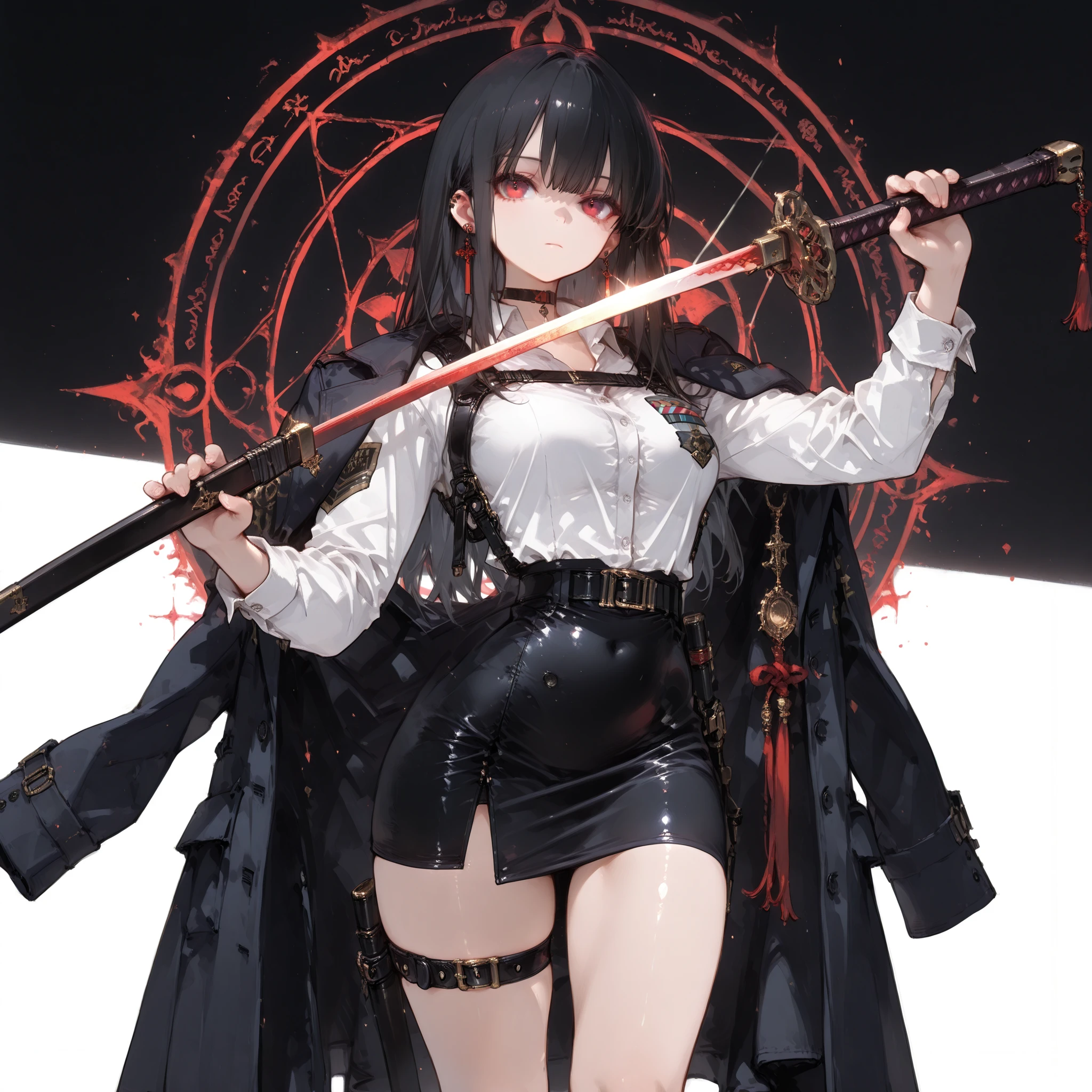 ((best quality)), ((masterpieces)), (detailed), Perfect face, SOLO, ((1 girl)), ANIME, beautiful detailed eyes, long hair, long straight hair, black hair, RED EYES, BARE thighs, (((BARE LEG))), ((black tight-fitting Mini office skirt)), (((dress shirt))), ((Medium Breasts)), Choker, (thigh strap), ((black general's uniform coat draped over the shoulders)), expressionless, earring, (buckle), ((Tuck in the shirt)), tight Mini office skirt, magic circle, no background, fantasy sword, (sword drawing)), holding sword, Hair fluttering, harness