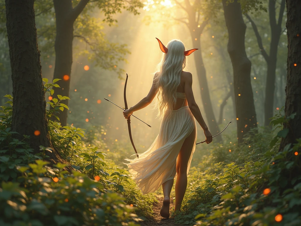 photorealism, magic forest at dawn. A bright haze among tall trees, soft rays of the sun. Young elves are slender, young, , graceful, with long ears, on radiant skin. lungs, aerial silk outfits, leaves and light — emphasize elegance, without hiding their magical aesthetics. Hair — silver, golden, flowing over her shoulders. Elves move among the trees — with bows, flutes or books. Fireflies are all around,  Flying Petals , magic crystals. Atmosphere — magic, refined beauty, the forest breathes ancient magic. Style — fantasy, high detail, Soft light.