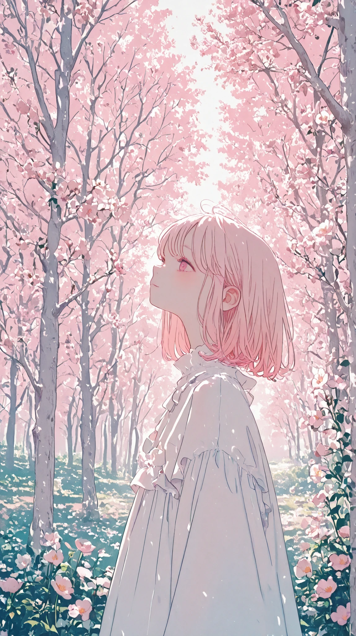 (((white森の中で))) 、 pale pink flowers , very light pink flowers in the white forest, white、Eye Catching、beautiful scenery、The 、Wallpaper、amazing background、 everything is in harmony 、pastel color、pale color